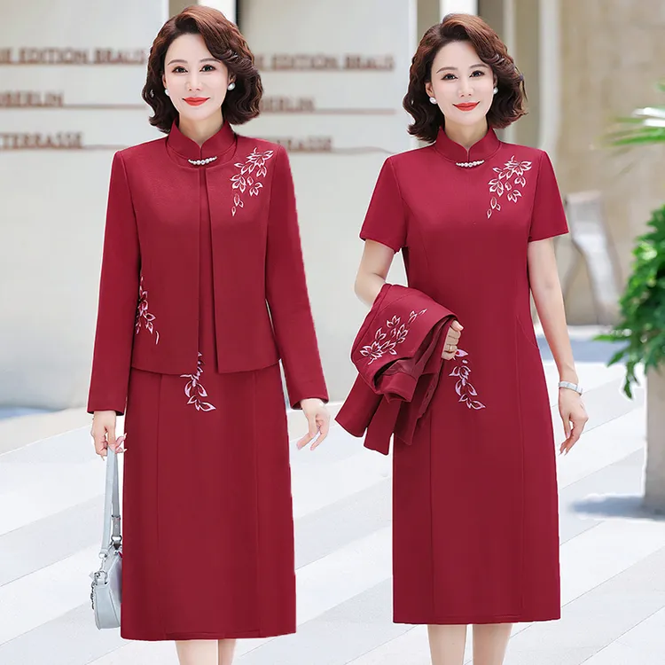 红色礼服套装高端喜婆婆婚宴装改良旗袍洋气妈妈服装婚礼两件套裙