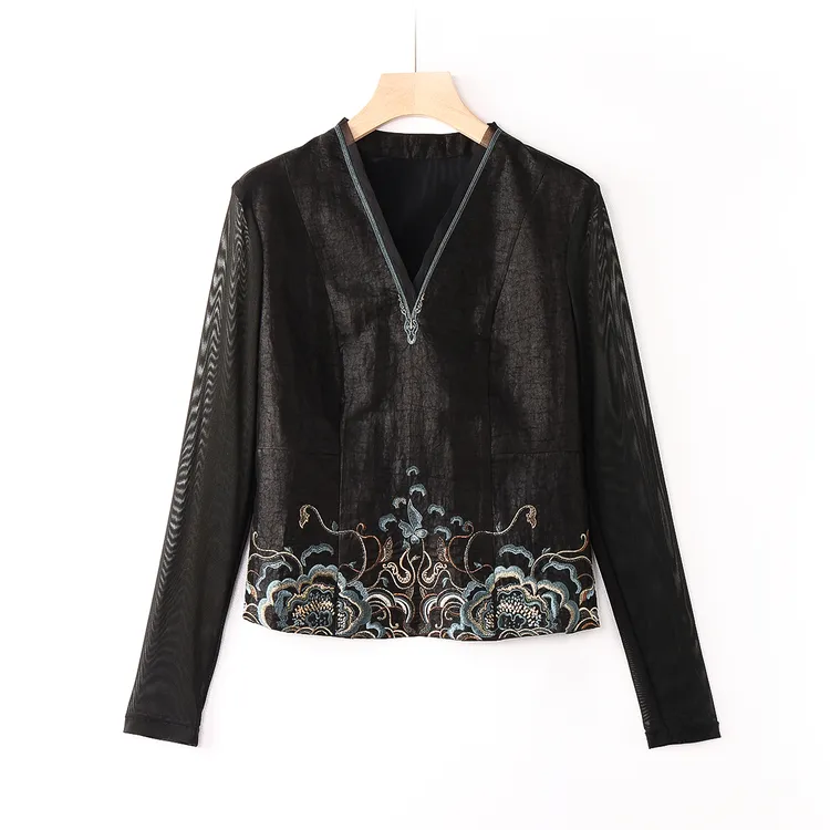 【澜亭絮絮】桑蚕丝香云纱四季款重工刺绣网纱打底衫12483