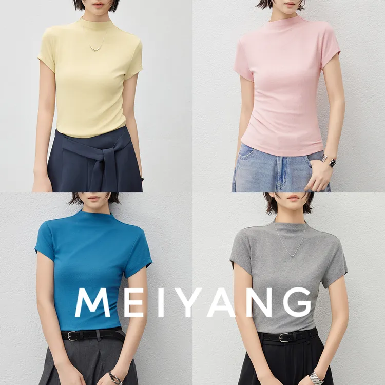 美洋MEIYANG 彩色卡戴珊T恤 人棉螺纹针织_立领弹力短袖上衣-周一