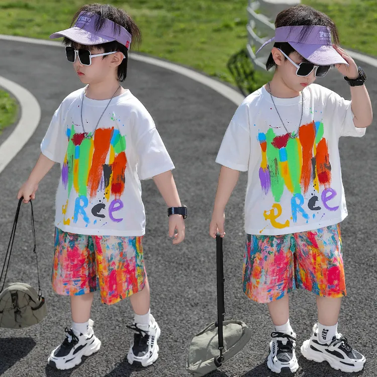 男童套装夏装新款2025年时尚洋气中小童扎染涂鸦短袖运动两件套潮