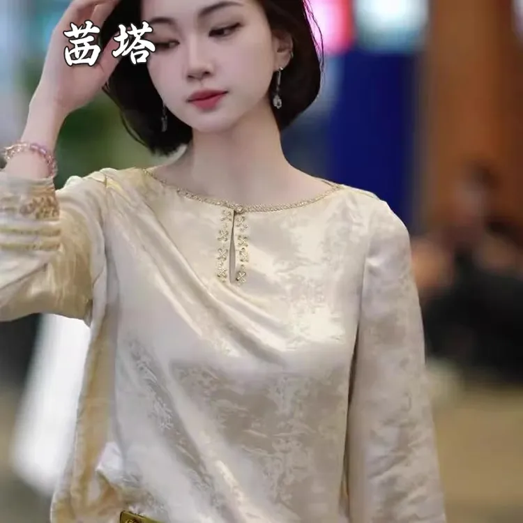 高级感国风气质优雅米色长袖t恤女2025夏季新款时尚百搭小众上衣