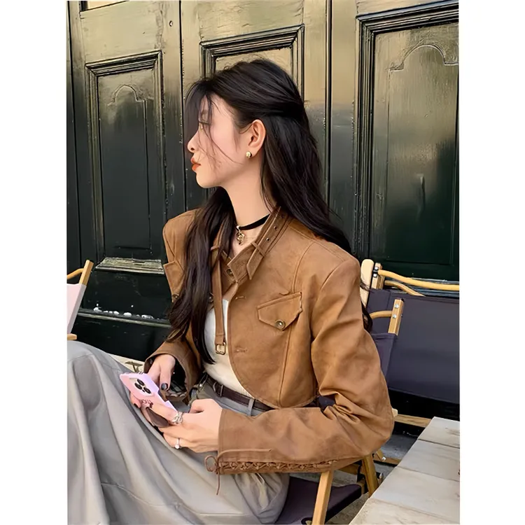 设计感美拉德棕色复古皮衣外套女2025秋季新款港风短款pu皮夹克
