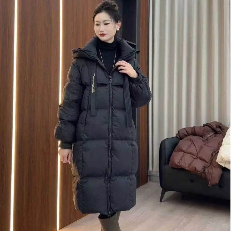 新款白鸭绒羽绒服加厚百搭长款保暖连帽飘带