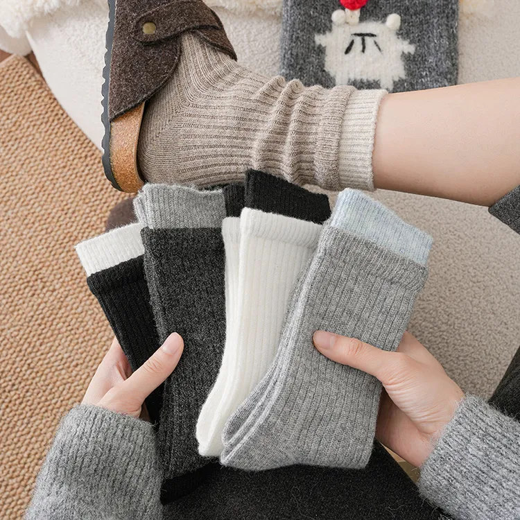 拼色羊毛袜子女中筒袜秋冬季加厚保暖灰色羊绒堆堆袜冬天长筒袜