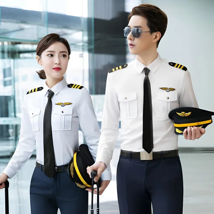 民航空飞行员制服工作服长袖衬衫男女同款修身白色短袖衬衣机空少