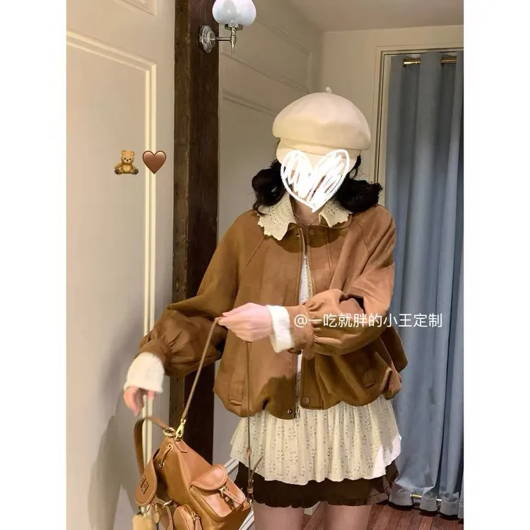 【小王家】时尚套装鹿皮绒女花边领秋季千金风短外套翻领小衫两件套