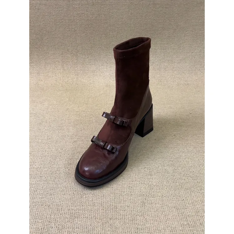 nnmiss/7.5cm高跟静音底圆头蝴蝶结弹力瘦瘦靴减龄时尚套筒短靴