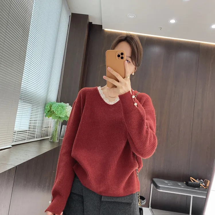 IMFLY金小金自制女装 羊毛衫DYW10212秋冬蕾丝花边V领针织上衣