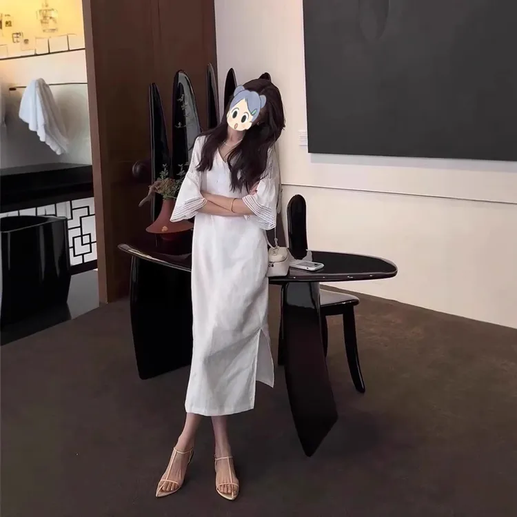 法式简约休闲宽松连衣裙2025春夏新款气质显瘦高级感小众开叉长裙