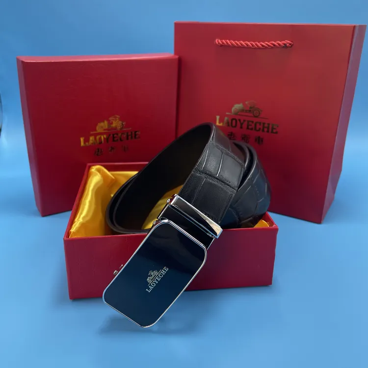 老爷车【无牙合金自动扣】男士无牙自动扣鳄鱼纹头层牛皮皮带