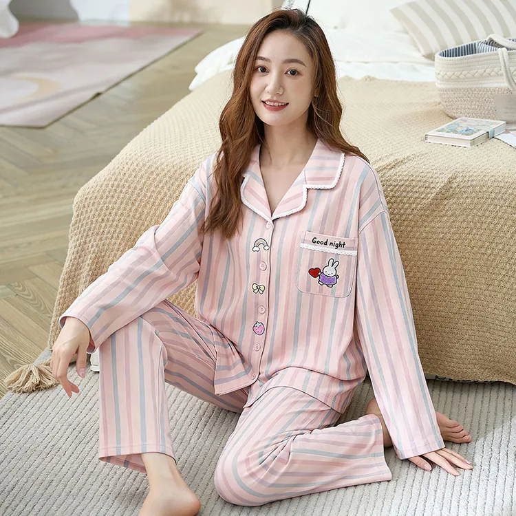【彩虹兔子】女士纯棉粉色条纹兔子开衫长袖长裤睡衣套装家居服外穿