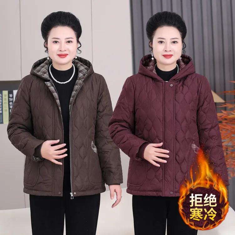 大码妈妈装冬季新款连帽棉衣中老年加绒加厚棉服外套保暖宽松2578