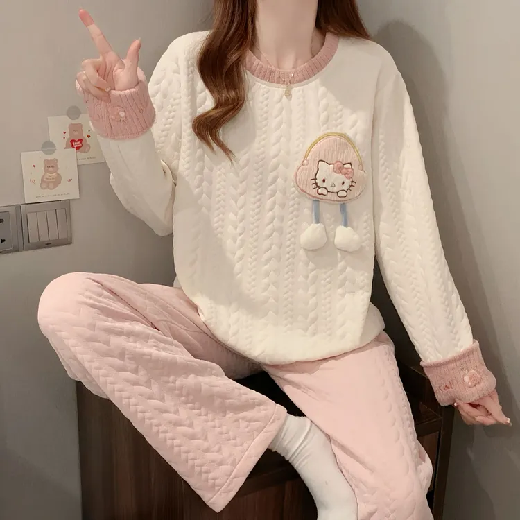 睡衣秋冬款女2025新款空气棉夹层加厚卡通可爱长袖冬季家居服套装