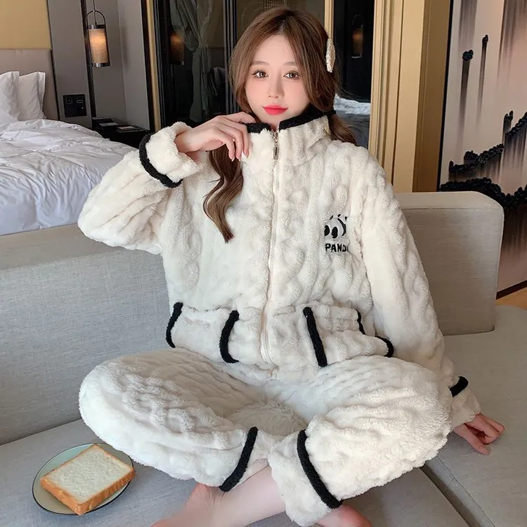 【初沁枫】珊瑚绒提花拉链睡衣女冬季新款加厚保暖可外穿高领家居服