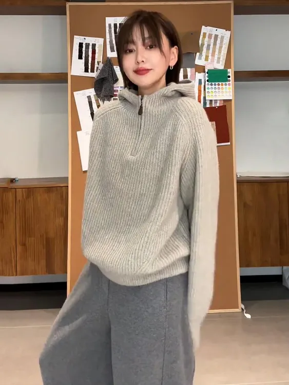 大码松弛感半拉链连帽毛衣针织衫女秋冬胖mm宽松显瘦内搭外穿上衣