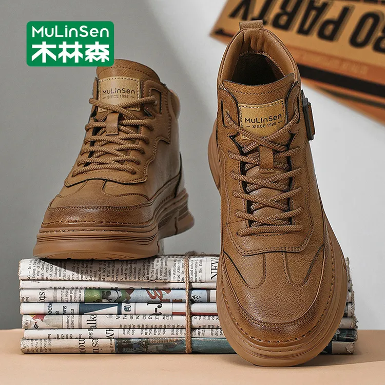 木林森高帮鞋男款2025秋季新款马丁靴英伦风休闲板鞋男士工装皮鞋