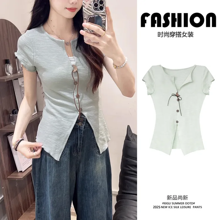 韩系气质蝴蝶结绑带翻领短袖T恤女夏季设计感修身显瘦短款上衣潮