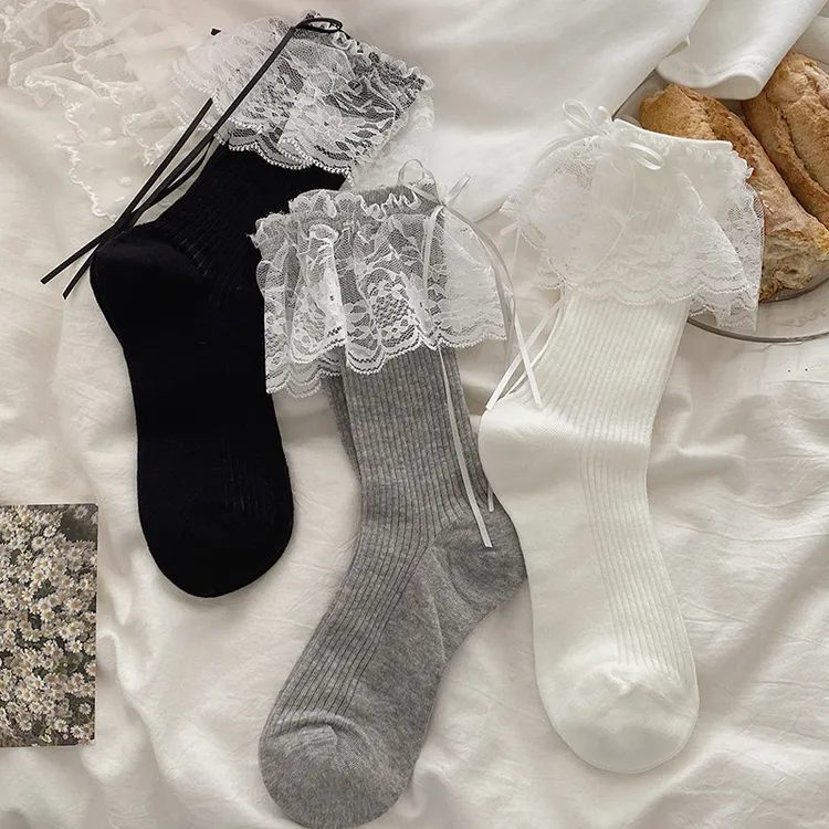 Lolita甜美蕾丝花边袜子女丝带蝴蝶结日系少女堆堆袜学院风女袜长