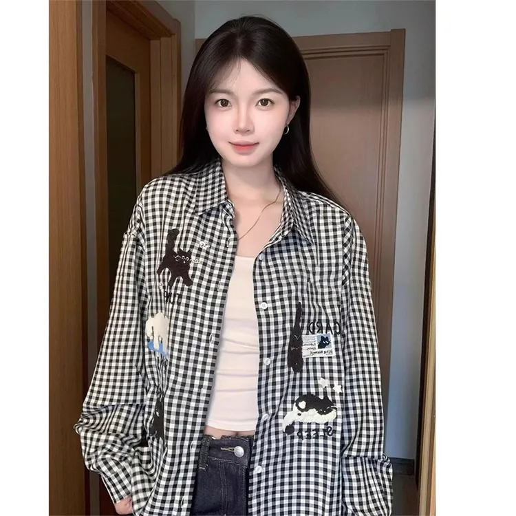 美式复古卡通刺绣格子衬衫女春秋宽松百搭小个子衬衣休闲情侣上衣