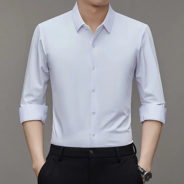 秋季新款百搭长袖男士纯色男提花修身商务衬衫男装高档衬衣ins风