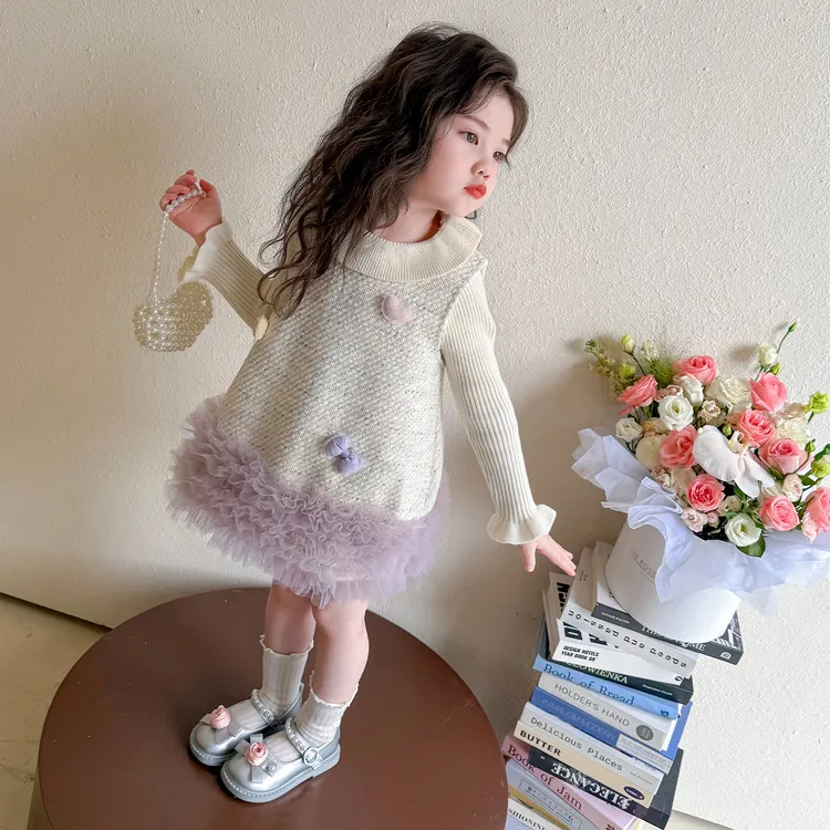 女童小香风连衣裙套装洋气甜美儿童春秋装女宝宝毛衣背心裙两件套