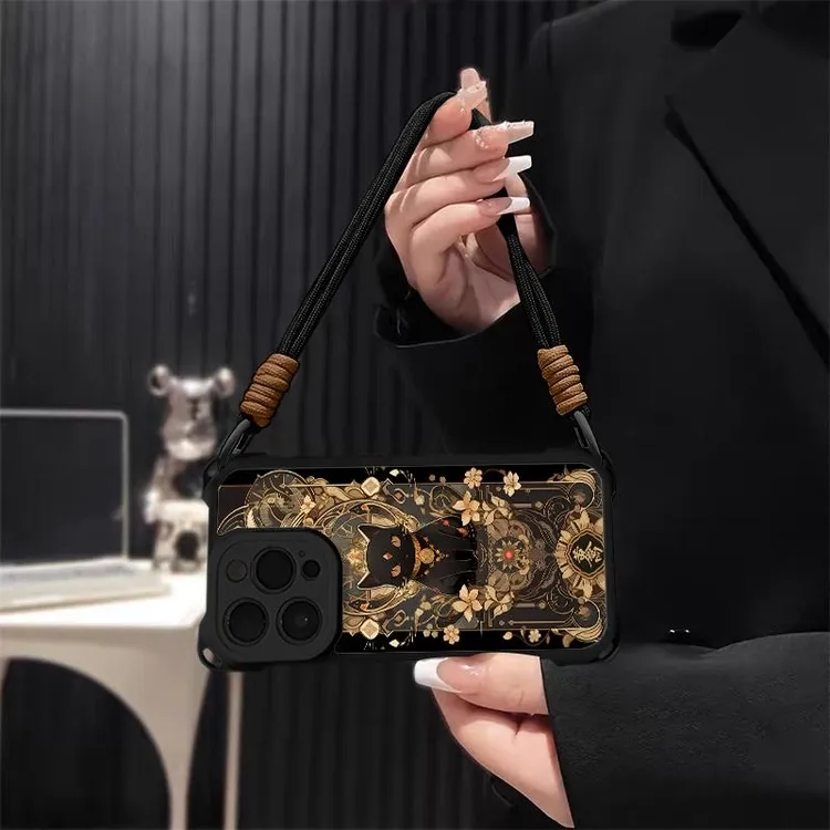 招财黑猫适用四角防摔羊皮苹果17挂绳手机壳套华为vivo小米15oppo