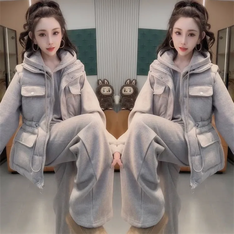 欧货减龄连帽加绒卫衣外套搭配棉马甲高腰阔腿裤三件套女2025冬季