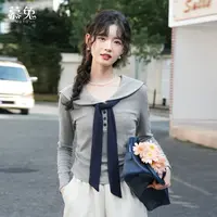 慕兔灰色海军领长袖t恤女2025夏季新款设计感小众收腰显瘦短上衣
