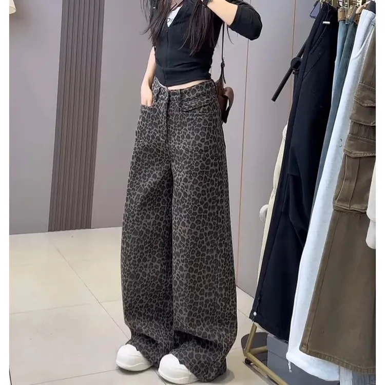 复古豹纹弯刀裤女2025冬季加绒美式休闲牛仔阔腿裤时尚百搭拖地裤