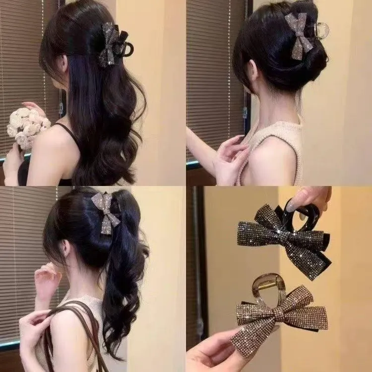 2025新款蝴蝶结闪闪发夹高级感马尾夹百搭鲨鱼夹子女后脑勺发饰