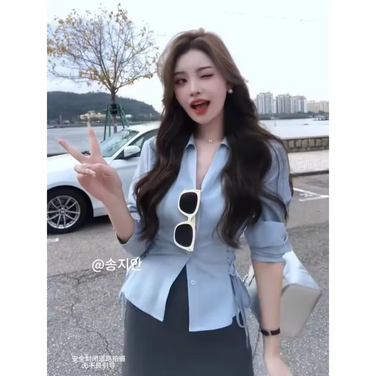 御姐轻熟风翻领衬衫女法式气质收腰显瘦设计感小众秋新款时尚上衣