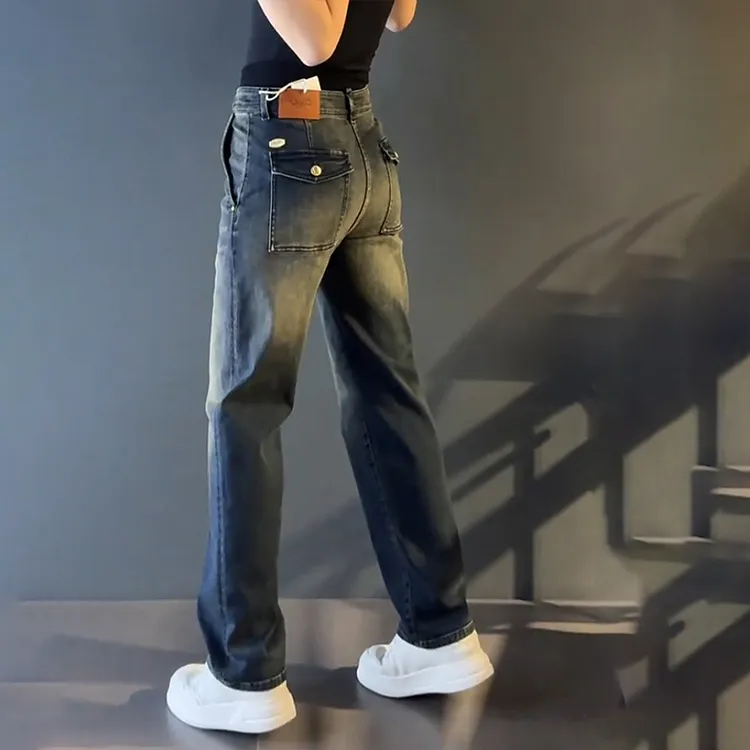 男士时尚复古蓝阔腿裤牛仔裤男新款百塔宽松显瘦直筒裤