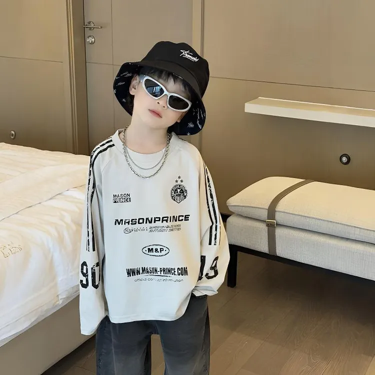2025春季新款韩版男童时尚百搭字母街头长袖T恤儿童休闲插肩长袖