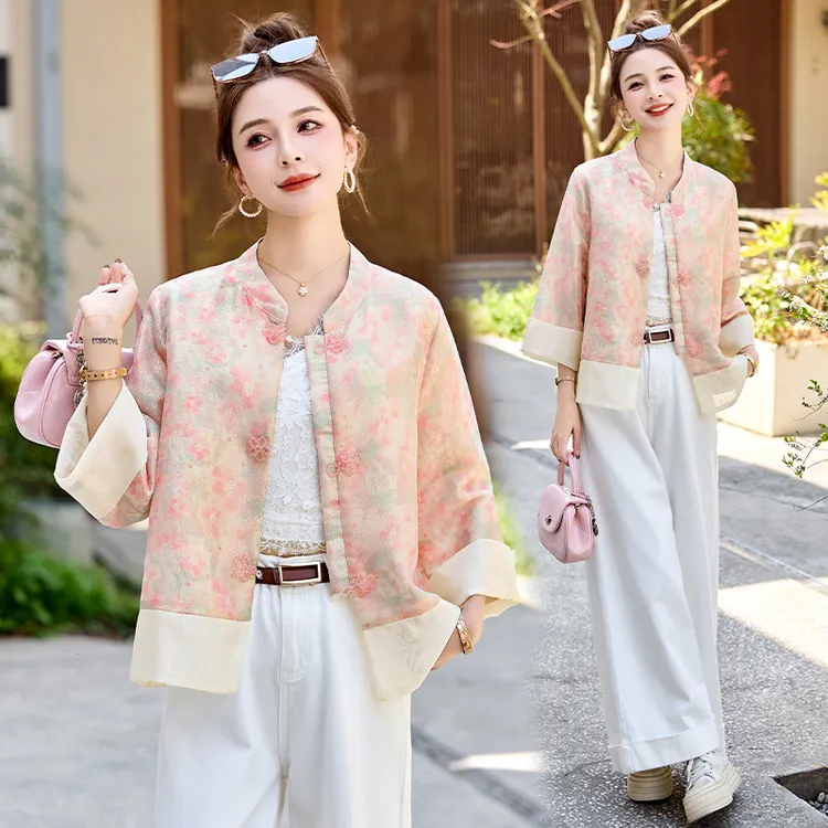 新中式国风圆领印花盘扣外套2025春季新款复古气质改良唐装上衣女