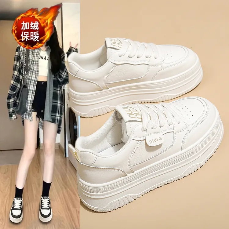 加绒厚底小白鞋女板鞋2025秋冬新款百搭小个子增高学生休闲运动鞋