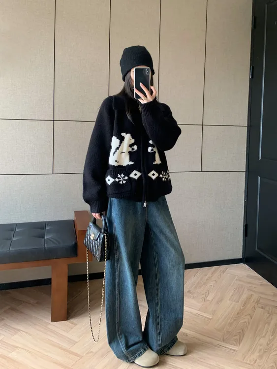 美式复古甜美可爱小松鼠polo领针织衫外套女春秋宽松时尚休闲上衣