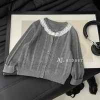 【现货】阿卷秋装女童韩版撞色森系蕾丝拼接针织毛衣开衫MPG6874