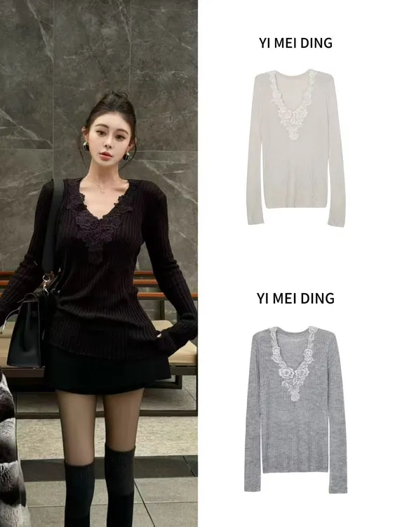 MY77【依美丁】V领拼接蕾丝边设计竖纹百搭毛衣