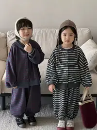 2025秋季新品韩版男女童百搭洋气条纹针织外套长裤两件套jy2552