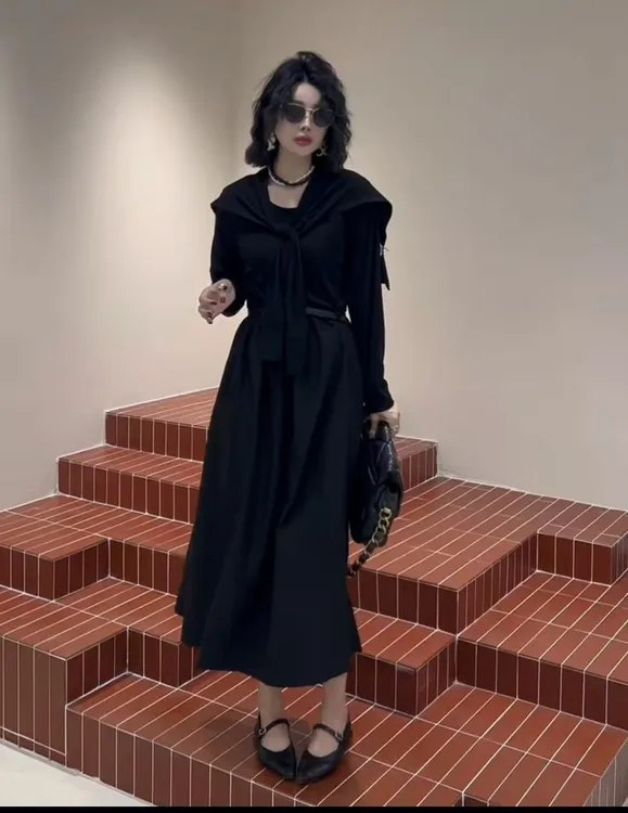 欧洲站复古气质纯色圆领显瘦长袖拼接a字长裙披肩套装6693