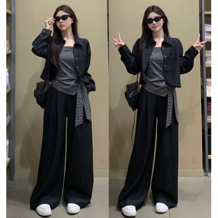 大码胖mm时尚新款韩版三件套格纹吊带长袖短外套休闲阔腿裤套装女