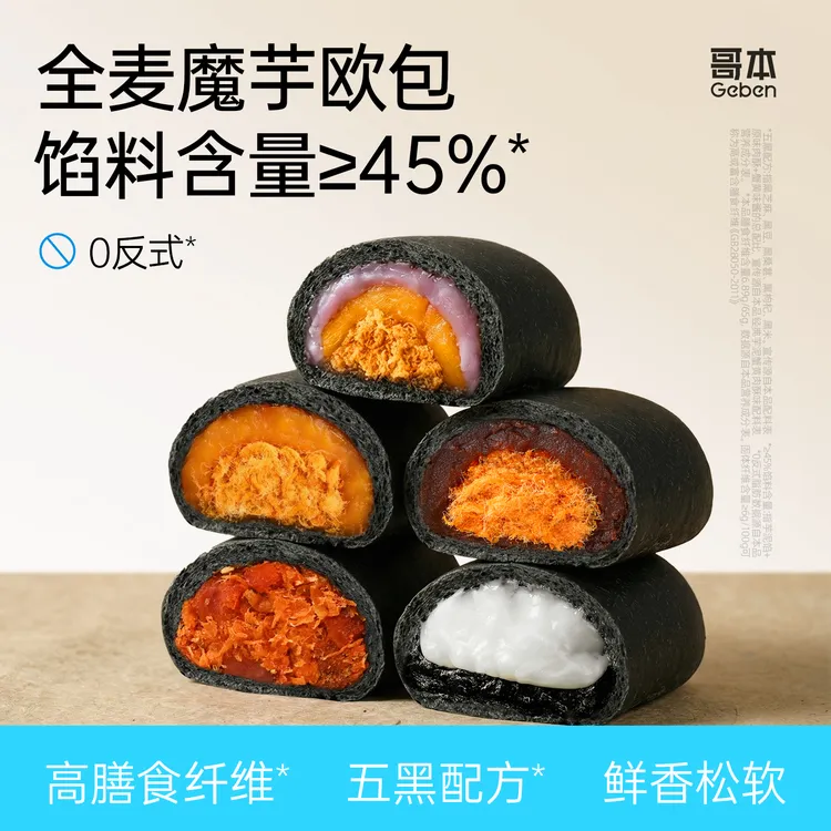 【哥本】全麦魔芋五黑欧包蟹黄肉酥味红豆肉酥味健康饱腹早餐面包商品图