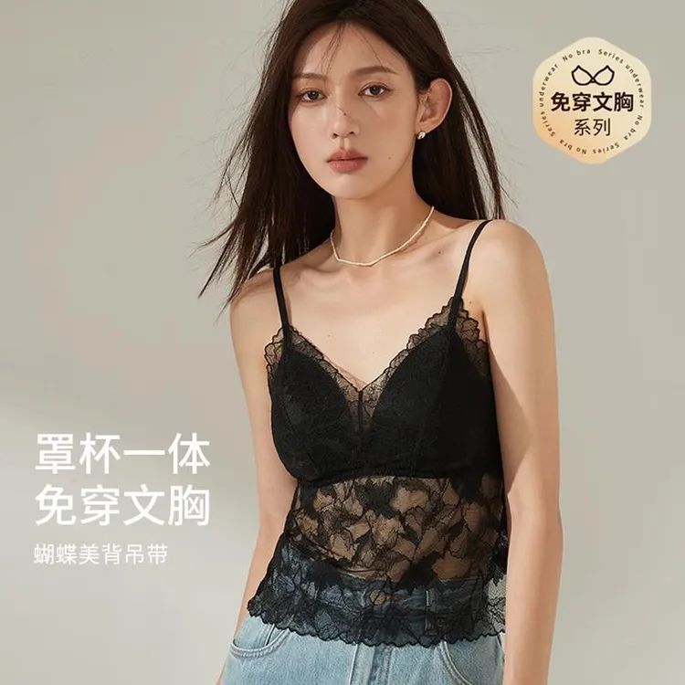 维多利亚性感蕾丝吊带背心女内搭文胸一体带胸垫可外穿美背内衣女