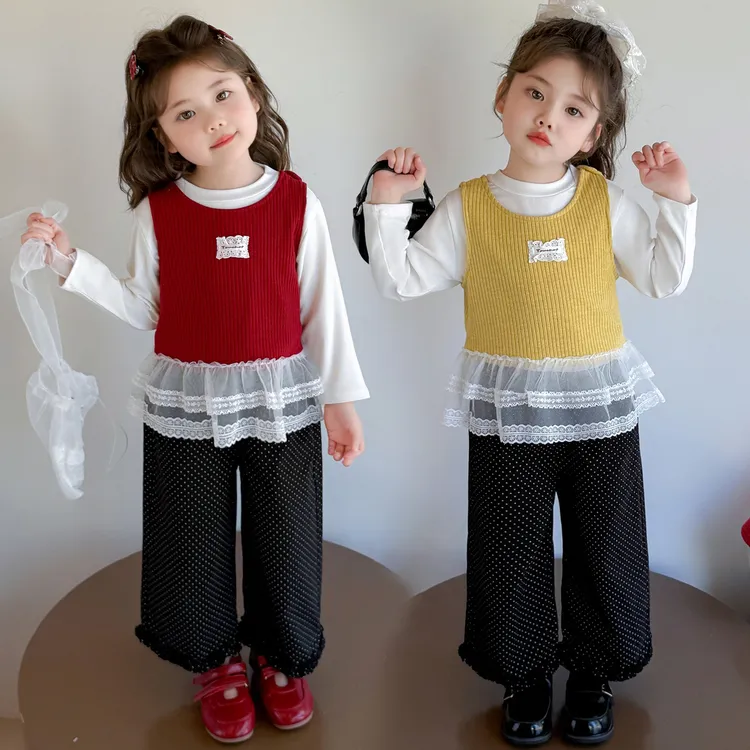 女童韩系套装春秋款小女孩花边背心秋装儿童时髦圆点阔腿裤三件套