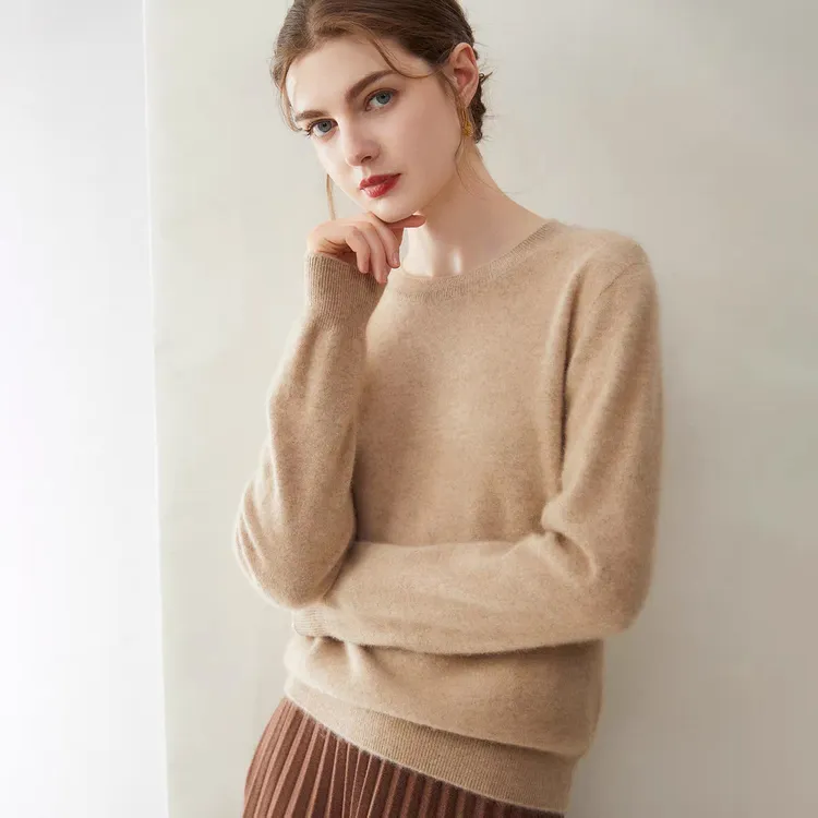 无缝一体5%山羊绒衫羊毛女圆领打底衫2025新款秋冬季宽松针织毛衣