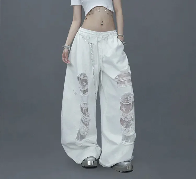 25831蕾丝贴布破洞跳舞长裤阔腿宽松欧美设计感休闲百搭潮流