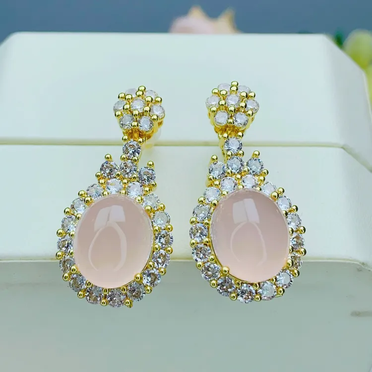 冰粉玉髓正品玛瑙精致镶嵌椭圆女士耳饰气质淑女轻奢耳坠F831