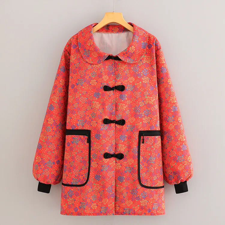 民族风正穿罩衣碎花拉链口袋系扣竹节棉帆布耐磨耐脏厨房干活女款