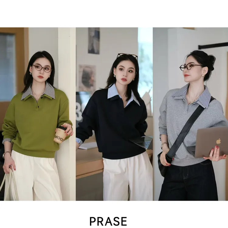 PRASE·噜【格纹卫衣】微胖轻奢设计款秋气质时尚假俩件卫衣PR508S76