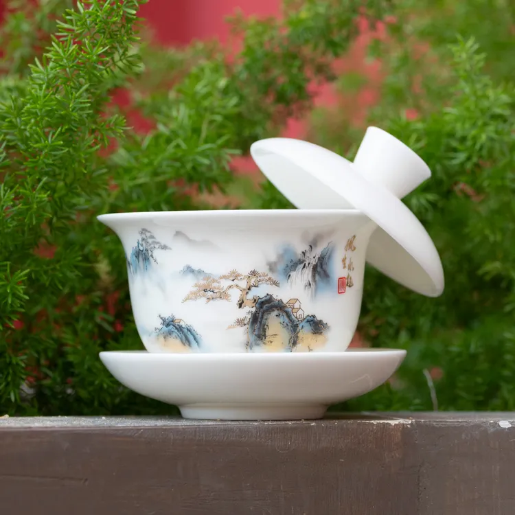 晓栗羊脂玉瓷悬停泡茶三才盖碗三件套高档白瓷带盖大容量旋转茶道商品图